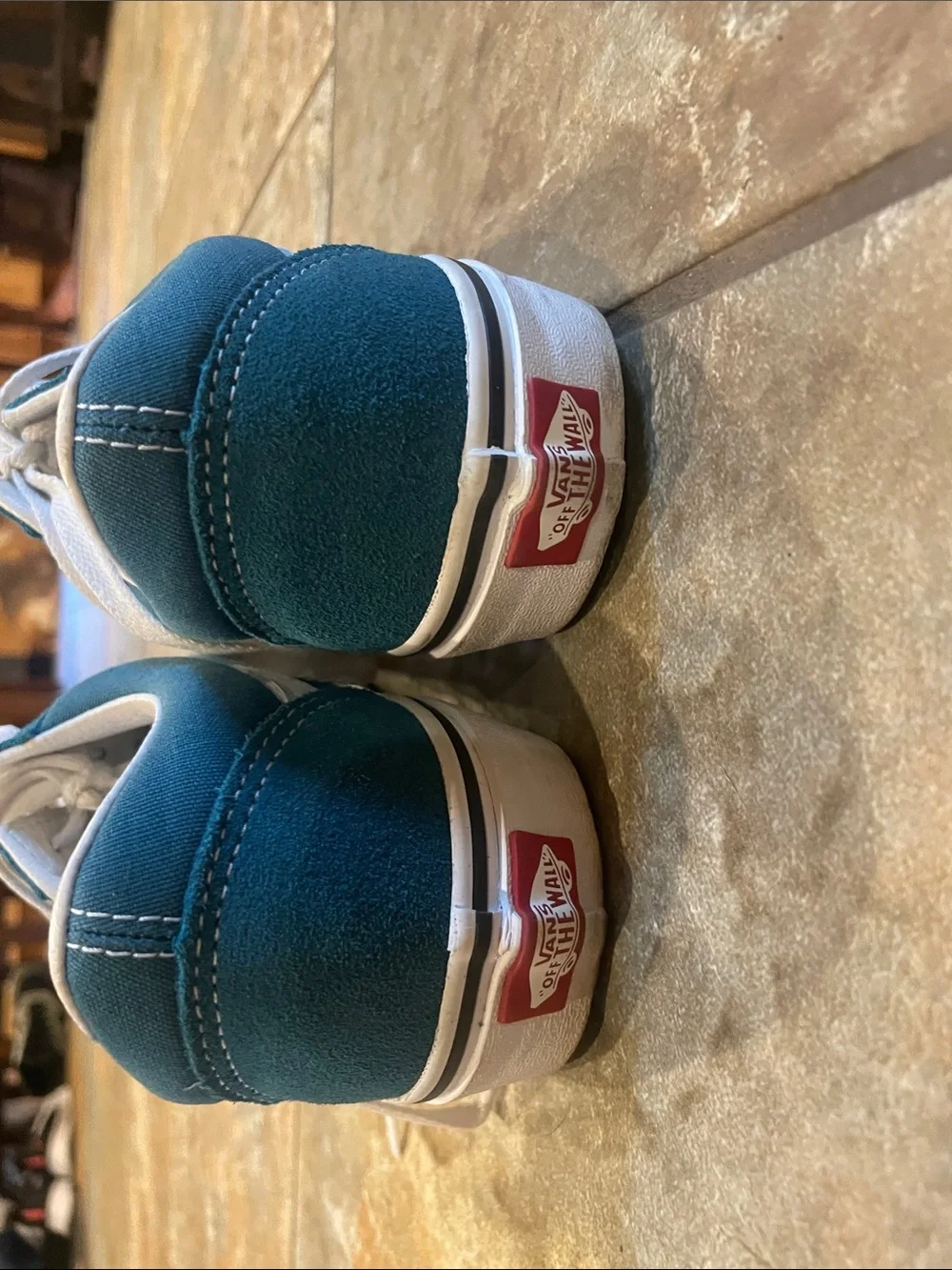 Teal and White Low-Top Vans Skate Sneakers